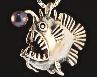 Angler Fish Necklace Fish Charm Fish Pendant with Black Pearl Angler Fish Jewelry Fish Art Scary Fish Silly Fish Jewelry Fish Charm Silver