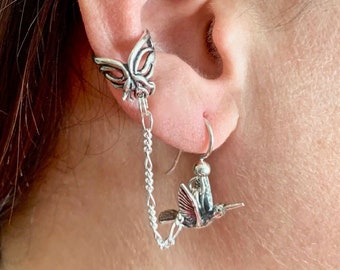 Hummingbird and Fuchsia Flower Ear Cuff Bajoran Silver Flower Ear Cuff and Hummingbird Earrings Sterling Silver Hummingbird  Bird Jewelry