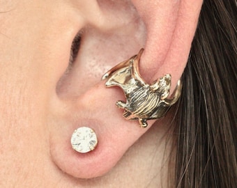 Orecchino a polsino a forma di pipistrello - Oro massiccio 14 carati - Orecchino in stile gotico non forato
