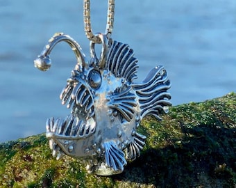 Large Angler Fish Pendant - Sterling Silver - Sea Monster Necklace