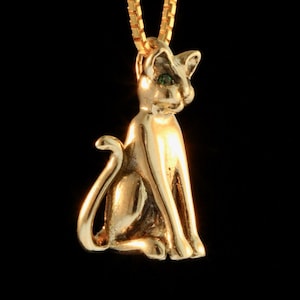Solid 14k Gold Magic Cat Pendant with Tsavorite Eyes Gold Cat Necklace Kitty Charm Kitty Cat Jewelry Gift for Cat Lover Solid Gold Cat