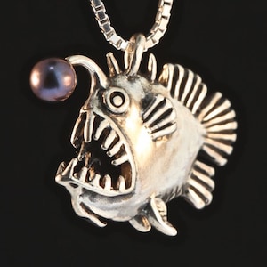 Angler Fish Necklace Fish Charm Fish Pendant with Black Pearl Angler Fish Jewelry Fish Art Scary Fish Silly Fish Jewelry Fish Charm Silver