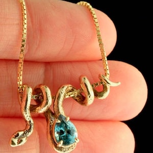 Vine Snake Pendant With Blue Zircon - Solid 14k Gold - Python Charm