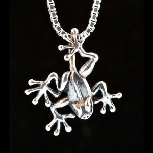 May include: A silver pendant necklace featuring a detailed frog design. The frog is depicted with its legs outstretched and its head tilted upwards. The necklace is made of a silver chain.