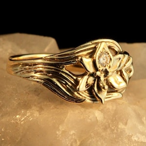 14k Gold Flower Ring Orchid Ring with SI1 .05 Diamond  Victorian Ring Floral Ring Gold Flower Jewelry Gold Wedding Band Diamond Ring
