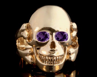 Large Skull and Crossbones  Ring with Gemstone Eyes - Solid 14K Gold - Dead Man’s Ride Ring - Biker Jewelry