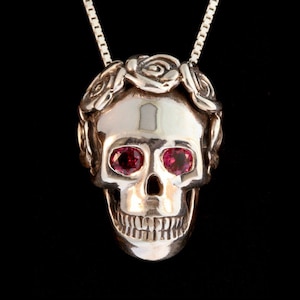 Skull Necklace Skull and Rose Pendant with Gemstone Eyes Day of the Dead Necklace Day of the Dead Jewelry Halloween Necklace Skull w/ Roses
