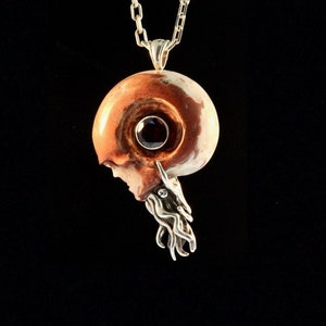 Carved Skull Ammonite Nautilus Pendant Carved Fossil Necklace Squid Necklace Tentacle Necklace Garnet Necklace Fossil Jewelry Statement