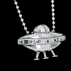 UFO Necklace with Gemstone Portholes - Flying Saucer Pendant - Alien Jewelry - UFO Jewelry - Out of this World Jewelry - Silver Ball Chain