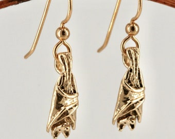 14k Gold Tiny Bat Earrings Little Sleeping Bat