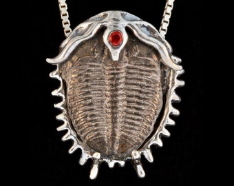 Trilobite Fossil Pendant with Gemstone - Sterling Silver - Fossil Jewelry - Extinct Creature -
