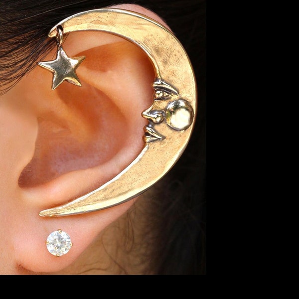 Crescent Ear Wrap Moon Ear Cuff Bronze Moon Ear Wrap Celebrity Style Jewelry Crescent Earring Moon and Star Earring Star Ear Wrap Earcuff