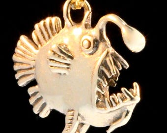 Gold Angler Fish Charm - Solid 14k Gold - Sea Monster Charm - Deep Sea Treasure