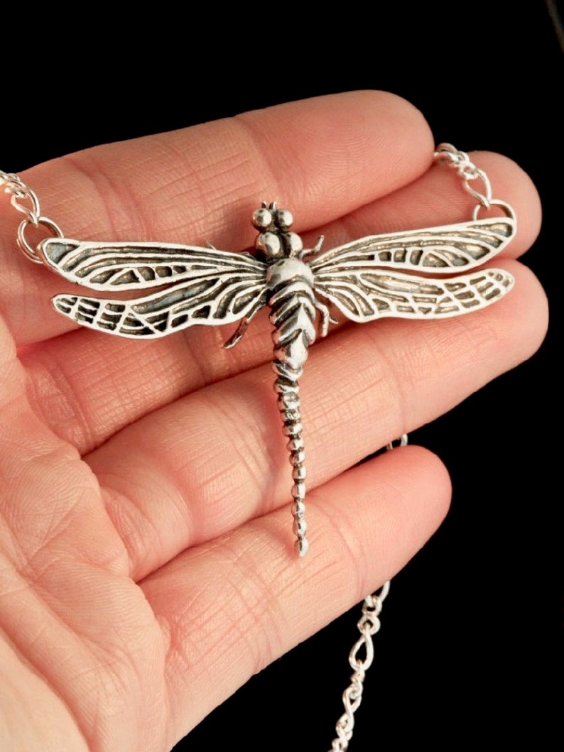 May include: A silver dragonfly pendant necklace with a detailed design. The dragonfly is suspended from a silver chain.