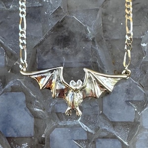 14k Gold Tiny Flying Bat Necklace 14k Gold Bat Charm Gold Bat Jewelry Flying Bat Charm on Gold Figaro Chain Gothic Bat Necklace Animal Gold