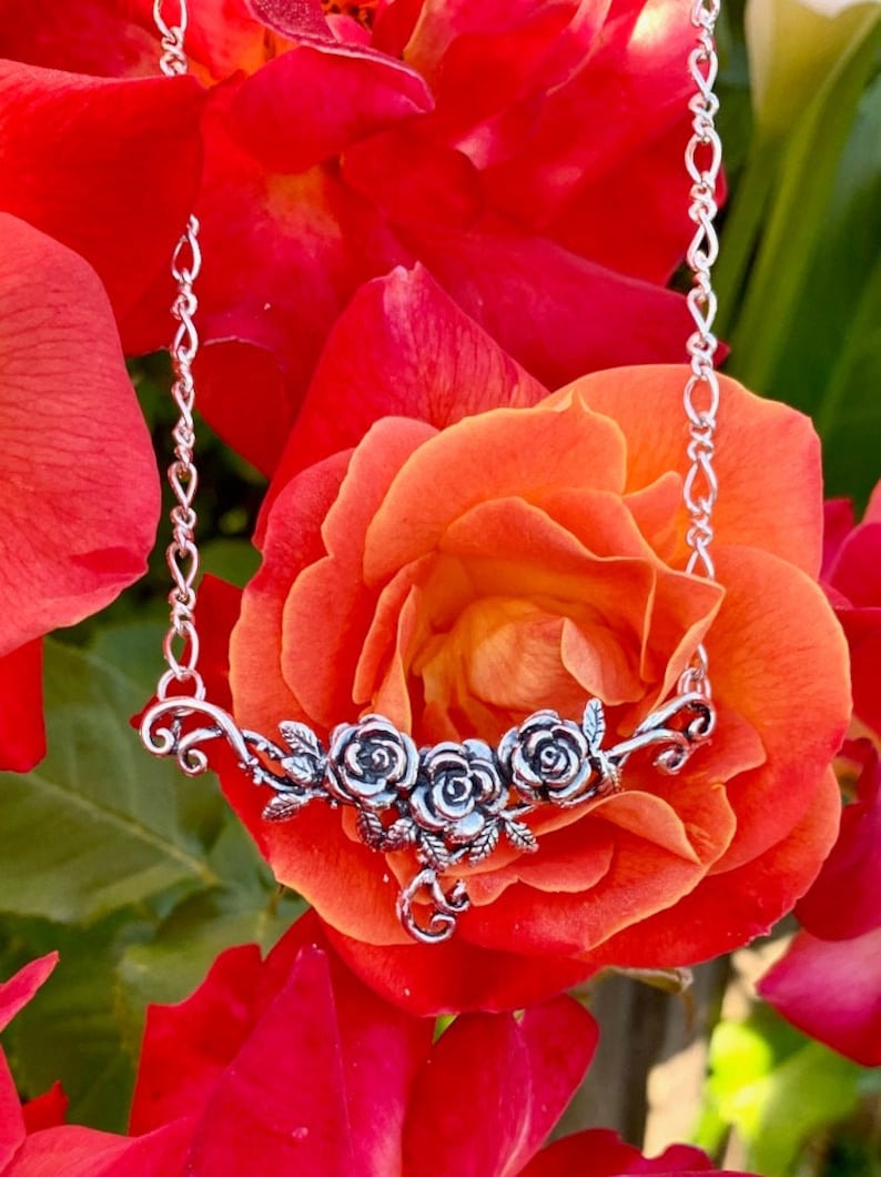 Sterling Silver Rose Necklace Victorian Rose Neckpiece Rose Etsy