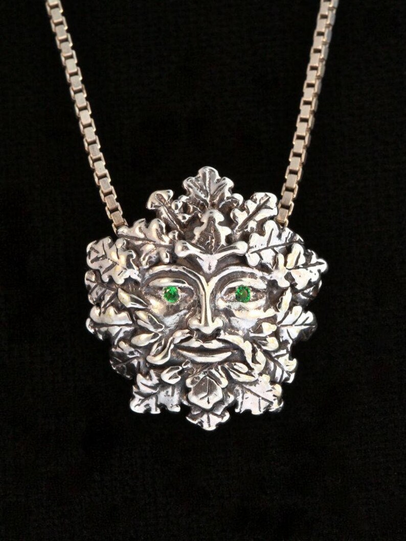 Green Man Charm with Tsavorite Eyes - Sterling Silver - Pagan Jewelry image 2