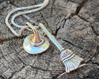 Halloween Necklace Witch Necklace Witch Hat and Broom Necklace Halloween Jewelry Halloween Charms Witch Jewelry Silver Halloween Necklace