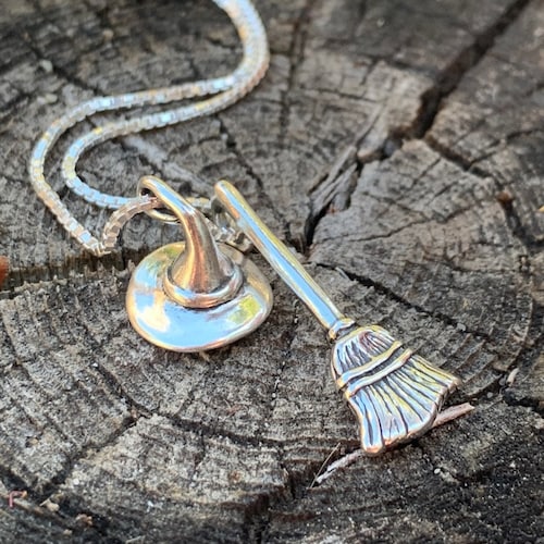 Halloween Necklace Witch Necklace Witch Hat and Broom Necklace Halloween Jewelry Halloween Charms Witch Jewelry Silver Halloween Necklace