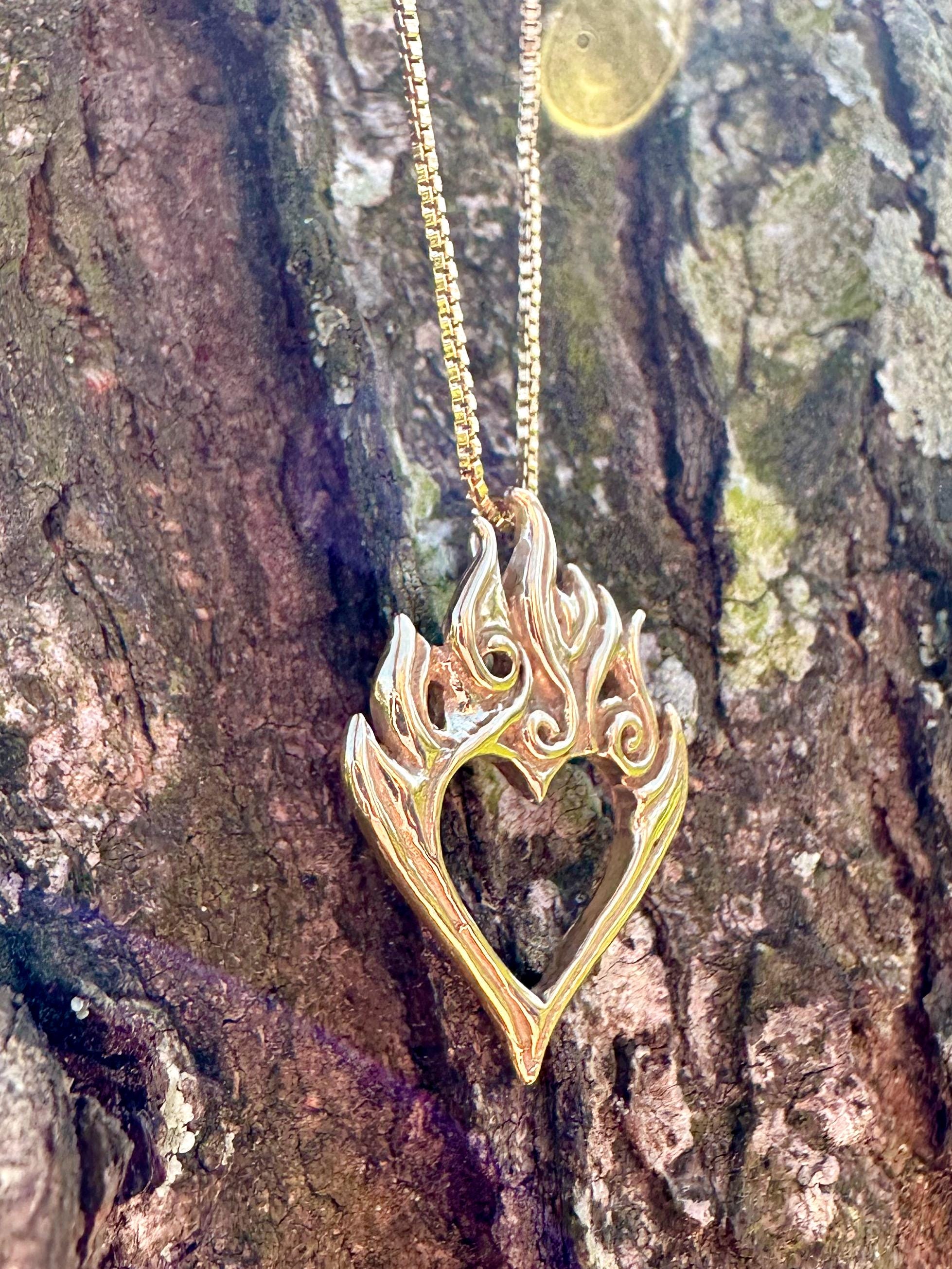 14k Gold Flaming Heart Necklace Gold Burning Love Pendant Heart