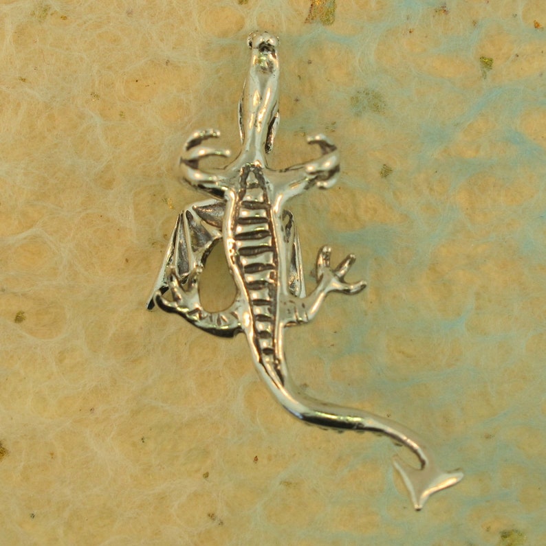 May include: A silver dragon pendant with outstretched wings and detailed scales. The dragon is depicted in a stylized, artistic manner, with a long tail and clawed feet. The pendant is likely made of sterling silver or a similar metal.