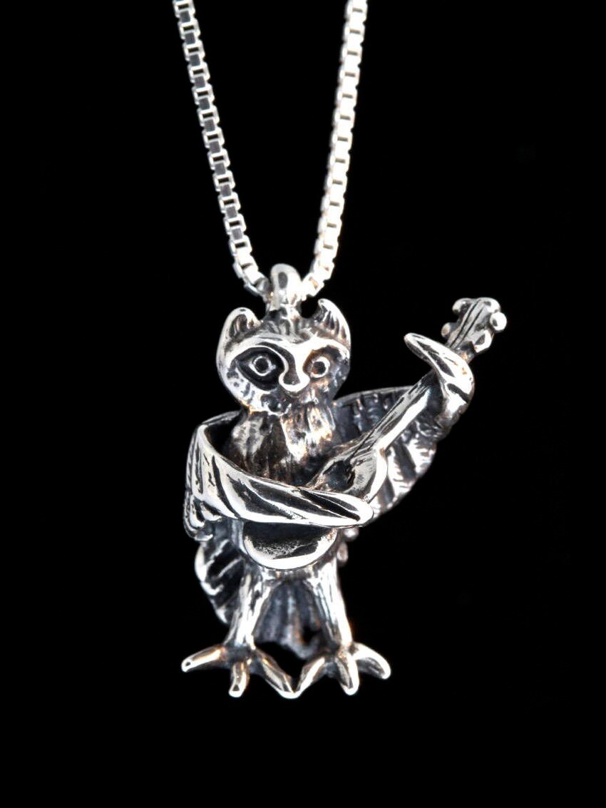 Owl w/ Guitar Charm Owl Necklace Silver Owl Charm Edward Lear Poem Owl Jewelry Owl Pendant Silver Ow