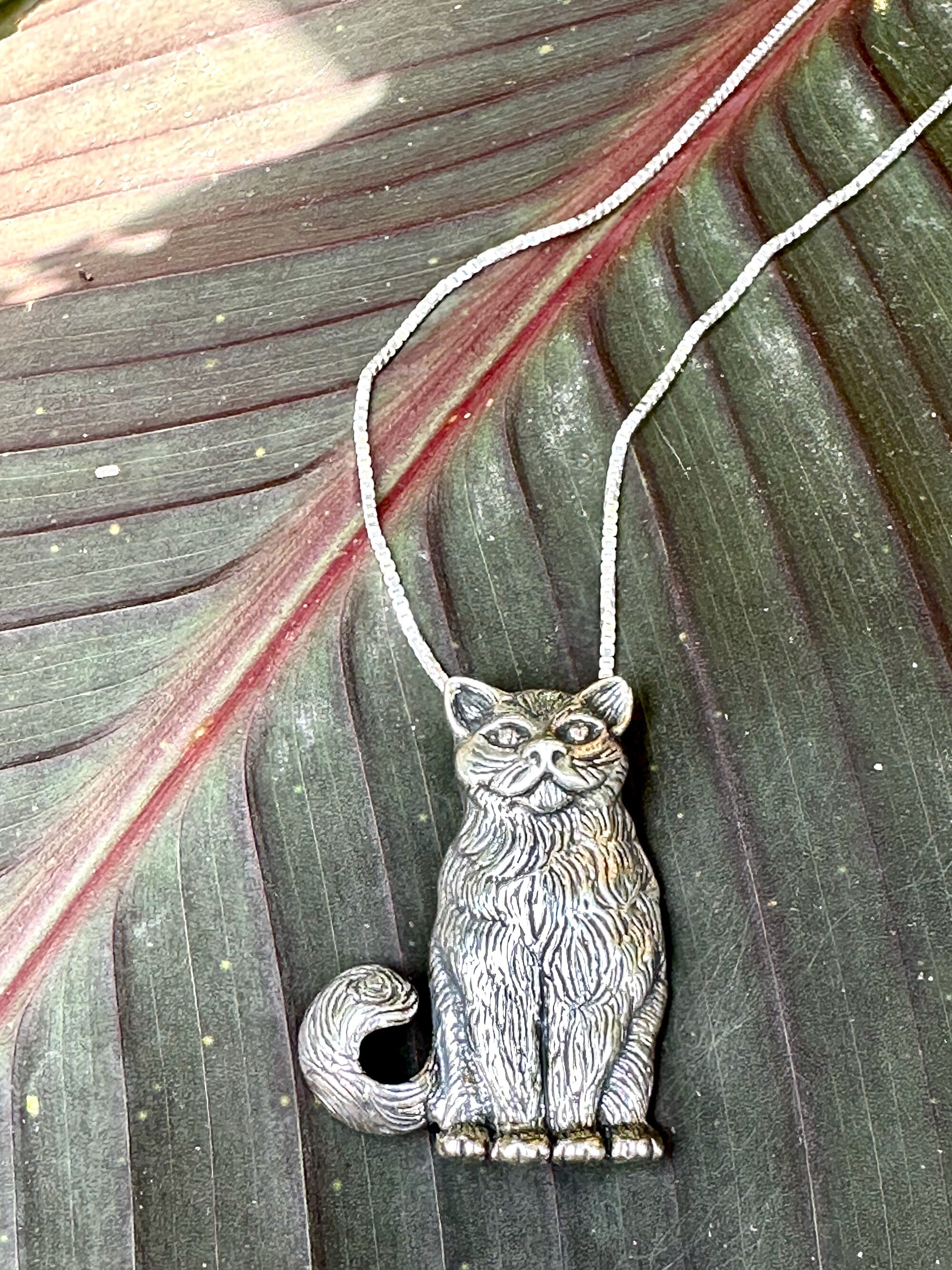Large Sterling Silver Cat Necklace Kitty Pendant Kitty Jewelry