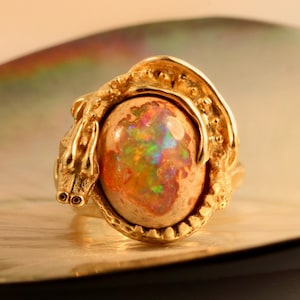 Solaris Mexican Matrix Opal Dragon Ring 14k Gold Dragon Guarding Opal Gold Curled Dragon Ring Statement Ring One of a Kind Opal Ring