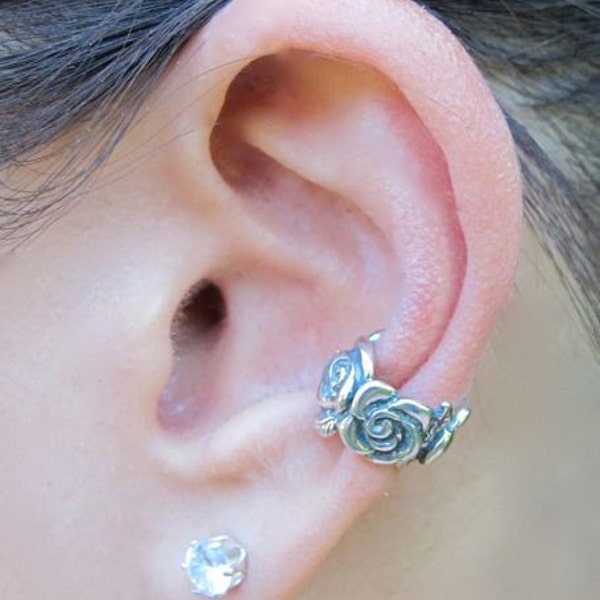 Silver Ear Cuff, Rose Ear Cuff, Rose Jewelry Rose Earring, Flower Earring Wedding Jewelry Silver Rose Band, Simple Ear Cuff, Grateful Dead