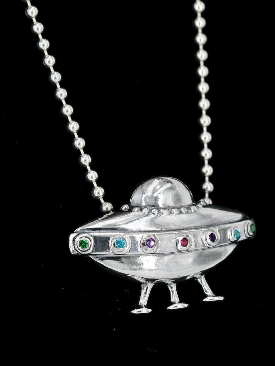 Flying Saucer U.F.O. Pendant With Gemstones - Sterling Silver