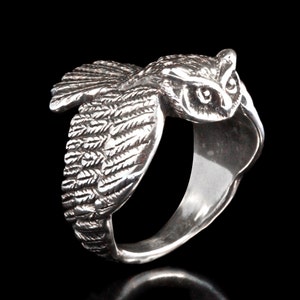 Owl Ring Silver Owl Jewelry Bird Ring Bird Jewelry Sterling Silver Ring Owl Art Mens Ring Gift for Him Gift For Her Bird Lover Feather Ring image 1