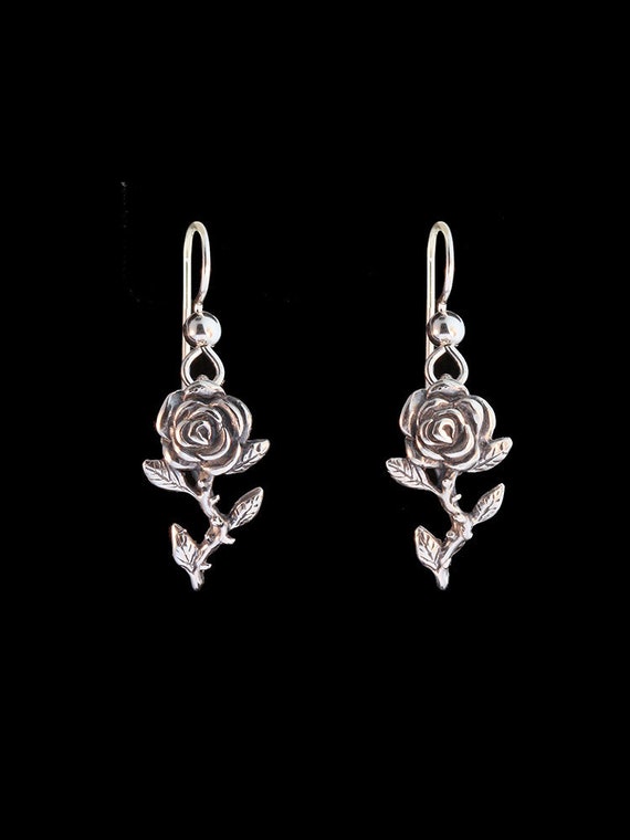 Rose with Stem and Leaves Charm Sterling Silver, Made in the USA Rose with Stem and Leaves Charm Sterling Silver, Made in the USA