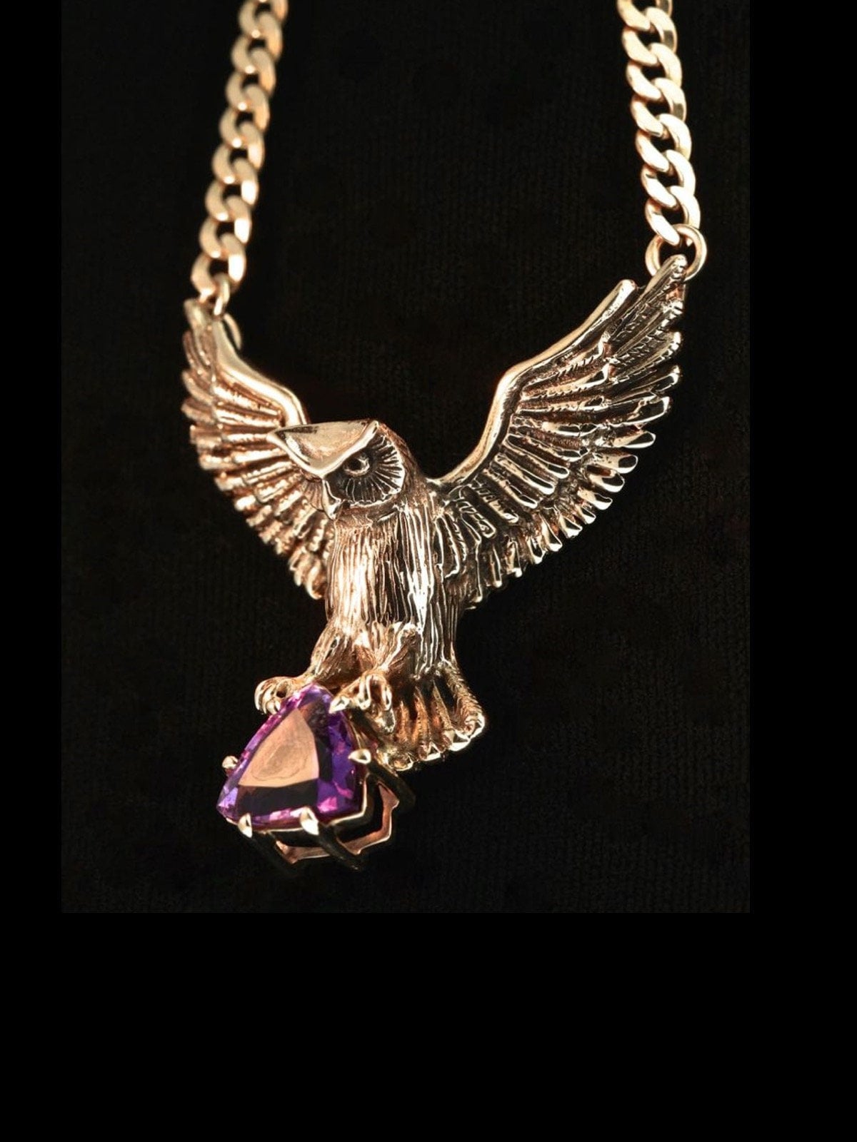 Large Owl Neckpiece with Trillion Amethyst - Solid 14K Gold - Bird of Prey