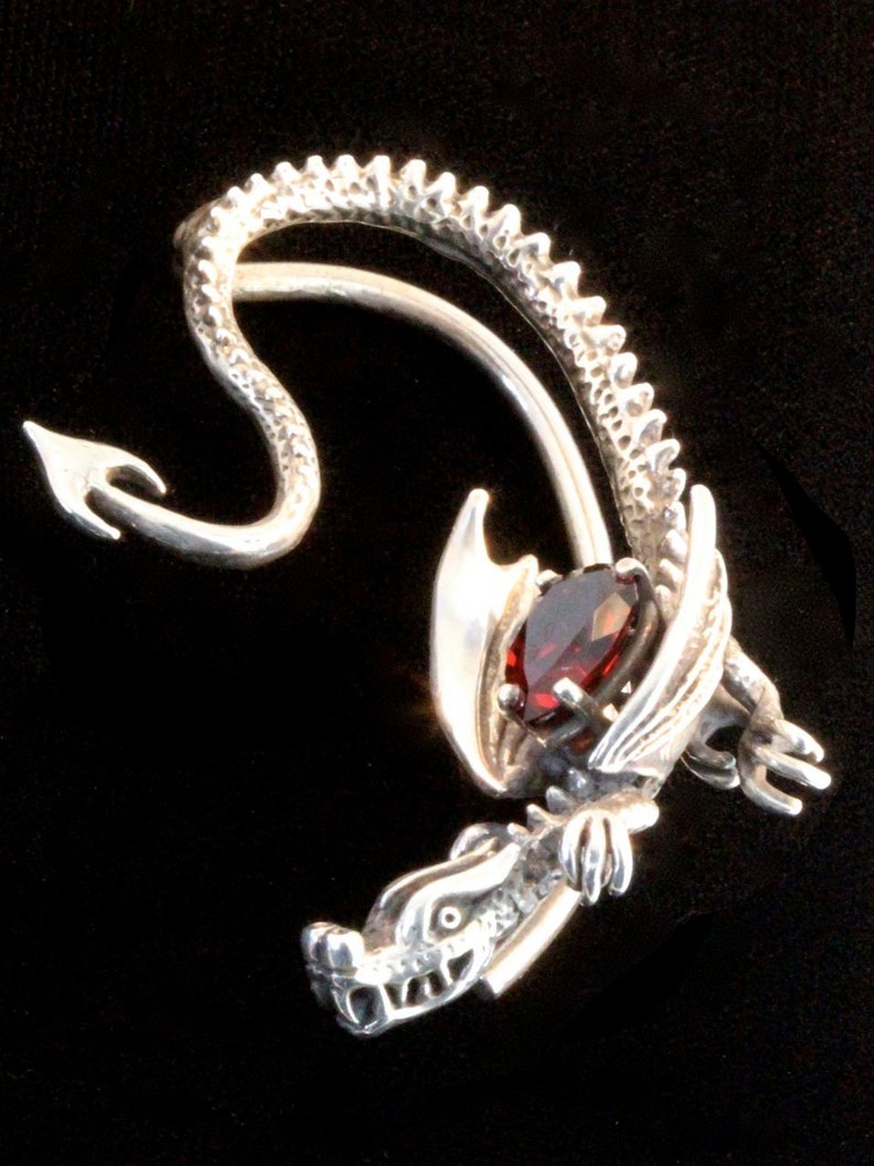Thron Drache Ohr wickeln mit Edelstein - Sterling Silber - Renaissance Stil Ohrring Mozambique Garnet