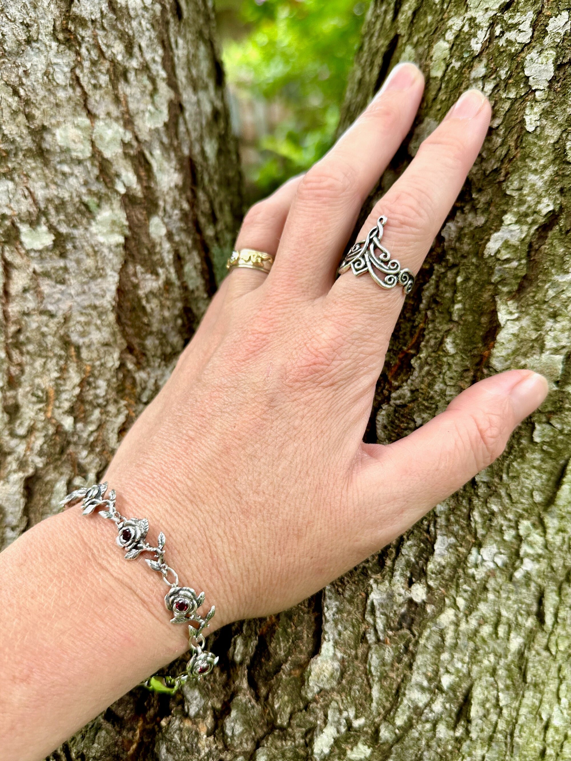 Rose Link Bracelet With Gemstones - Sterling Silver - Flower