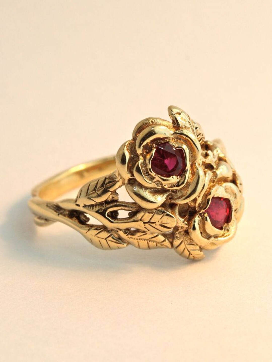 Double Rose And Ruby Ring 14k Gold Flower Ring Rose Ring Flower Jewelry