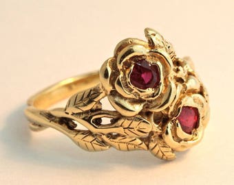 Double Rose and Ruby Ring 14K Gold Flower Ring Rose Ring Flower Jewelry Rose Jewelry Ring Flower Bloom with Gemstones Gold Anniversary Gift