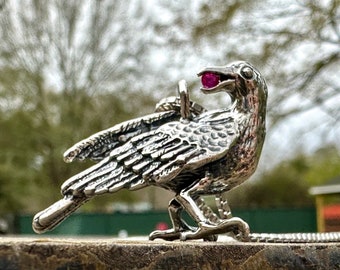 Raven Pendant with Gemstone - Sterling Silver - Magical Crow Bird Necklace
