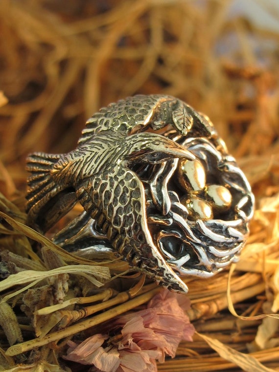 Bird and Bird Nest Ring - Sterling Silver Nest - Bronze Bird and