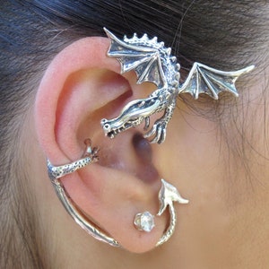 Unique Gift Dragon Ear Cuff Silver Dragon Guardian Ear Wrap Dragon Earring Silver Dragon Dragon Ear Climber Dragon Jewelry Wings Cyber Sale image 3