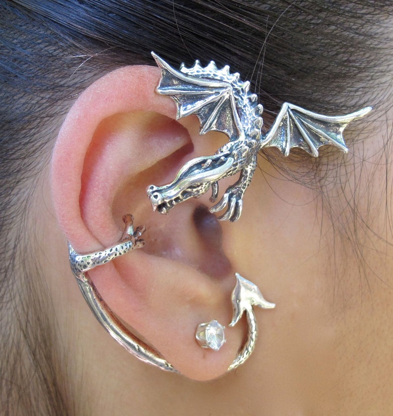 Unique Gift Dragon Ear Cuff Silver Dragon Guardian Ear Wrap Dragon Earring Silver Dragon Dragon Ear Climber Dragon Jewelry Wings Cyber Sale image 3