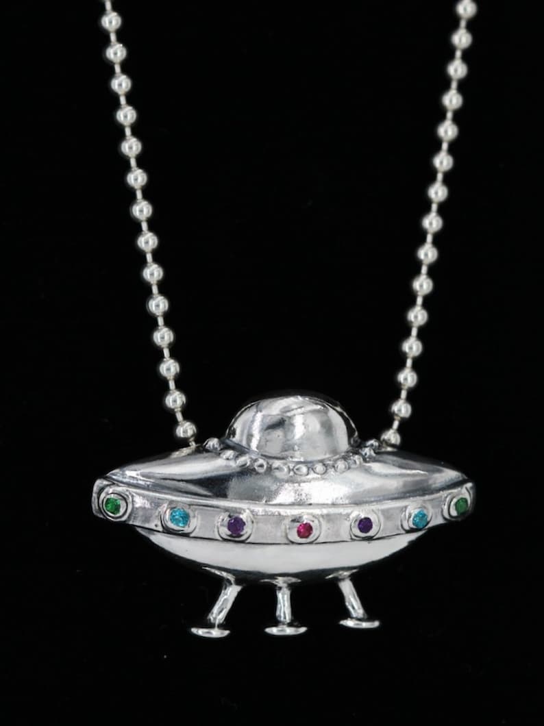 UFO Necklace With Gemstone Portholes Flying Saucer Pendant Etsy