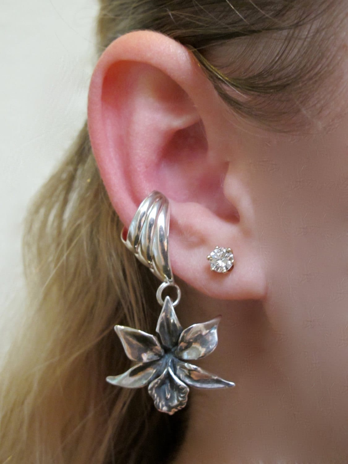 Flower Ear Cuff Silver - Flower Earring - Orchid Ear Cuff Chevron - Flower Jewelry Orchid Jewelry - Non-Pierced Earring Dangle Ear Cuff