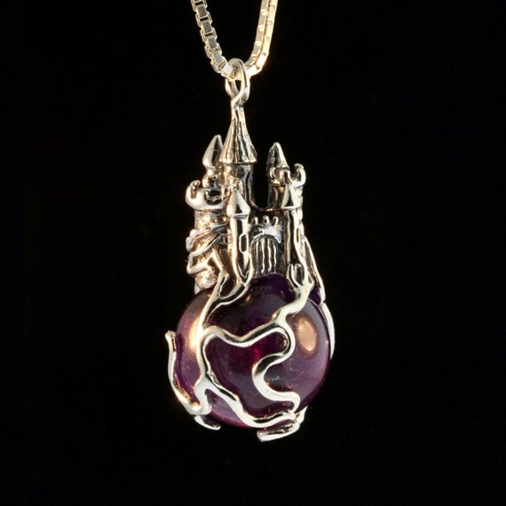 Silver Castle Necklace Orb Pendant Castle Art Statement Jewelry