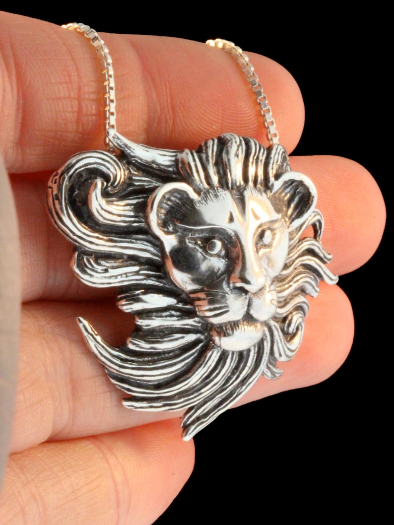 Silver Lion Head Necklace Lion Pendant Lion Jewelry Lion Etsy