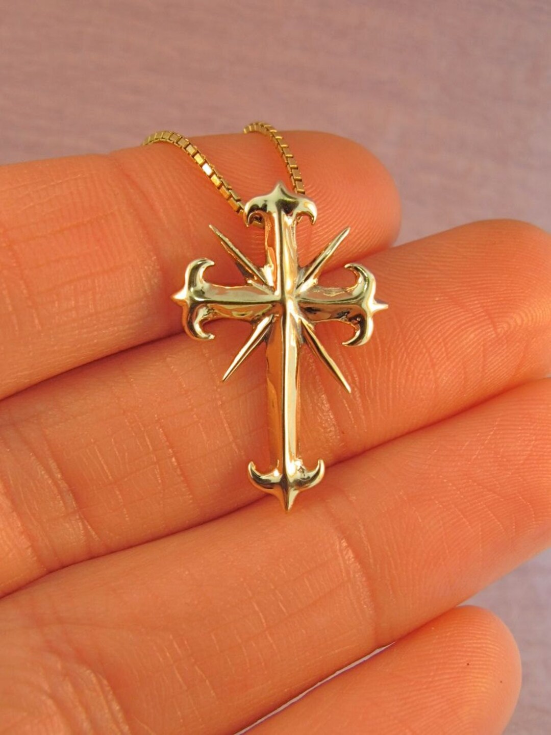 Gold Cross Necklace Gothic Cross Pendant 14k Gold Charm Etsy