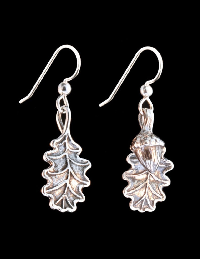 Oak Leaves and Acorn Earrings Silver Acorn Ear Wear Oak Leaf and Acorn Charms Leaf Earrings Hippie Nature Earthy Arborist Science Jewelry image 2