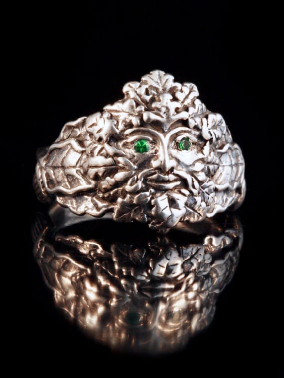 Green Man Oak Leaf and Acorn Ring W Tsavorite Eyes Sterling