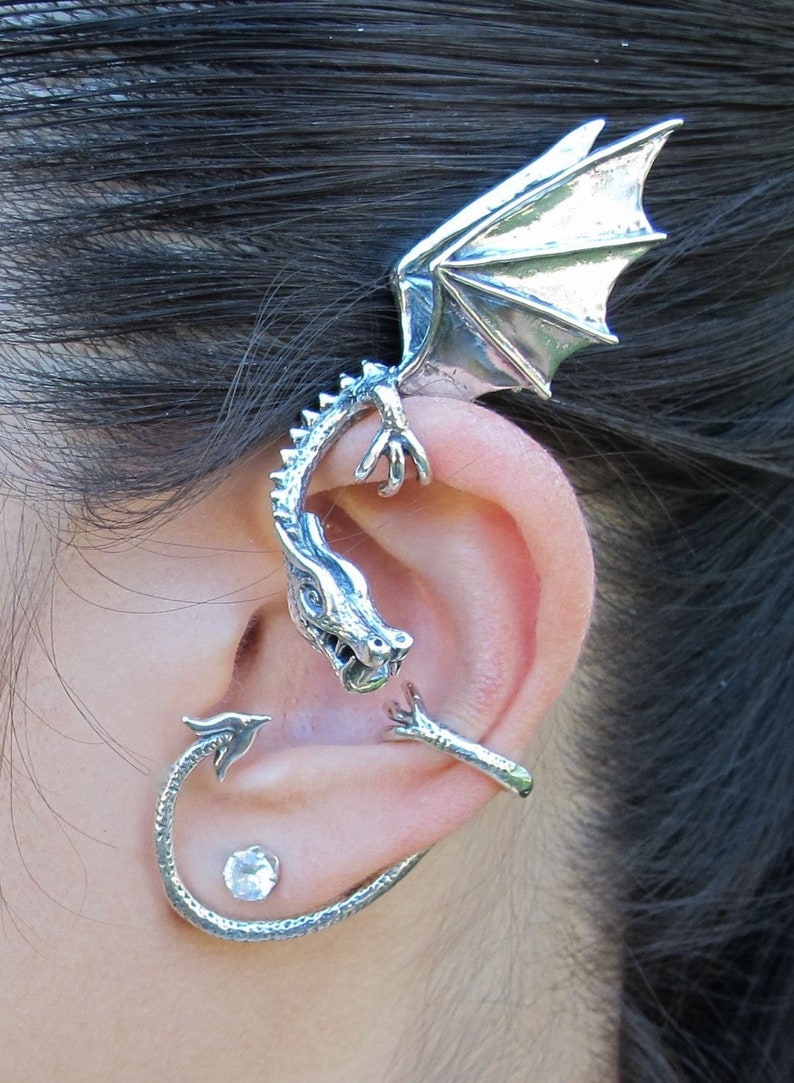 Dragon Ear Wrap, Inspired Game of Thrones Jewelry Silver Dragon Ear Cuff Elfin Dragon Ear wrap Dragon Jewelry Dragon Earring Celebrity Style image 2