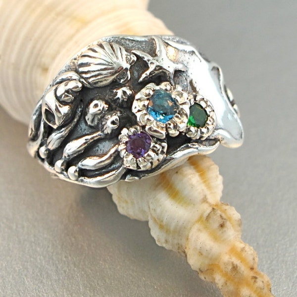 Ozean Ring Silber Gezeiten Pool Ring mit Edelsteinen Ozean Schmuck Muschel Schmuck Meer Schmuck Sterling Silber Ring